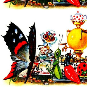 afternoon tea party insects butterfly butterflies grasshoppers ladybirds beetles bumble bees boilers Samovar teapots cups sugar vintage retro kitsch