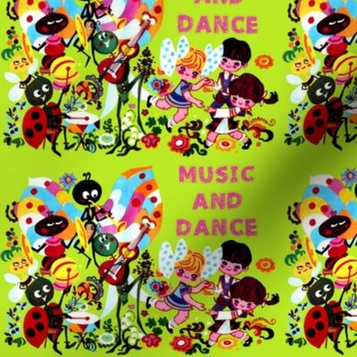 vintage ladybird bees butterflies butterfly drums cymbals clarinet oboe grasshoppers guitars children boys girls flowers musicians party music insects