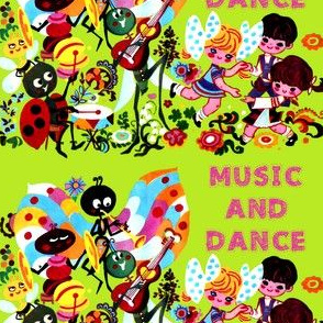 vintage ladybird bees butterflies butterfly drums cymbals clarinet oboe grasshoppers guitars children boys girls flowers musicians party music insects