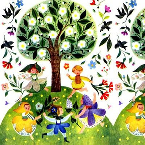 spring summer dance dancing peasant folk art farmer rainbow colorful multi color trees flowers leaves pixies elf elves fairy fairies party children