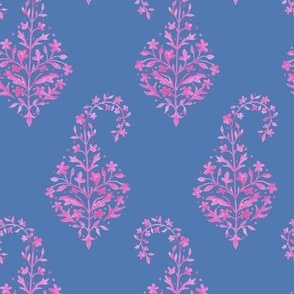 Painted Paisley in Raspberry on Blue