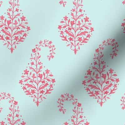 Painted Paisley in_Coral_on Aqua