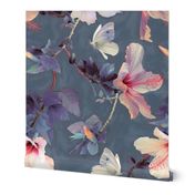 Butterflies and Hibiscus Flowers - a painted pattern - large print