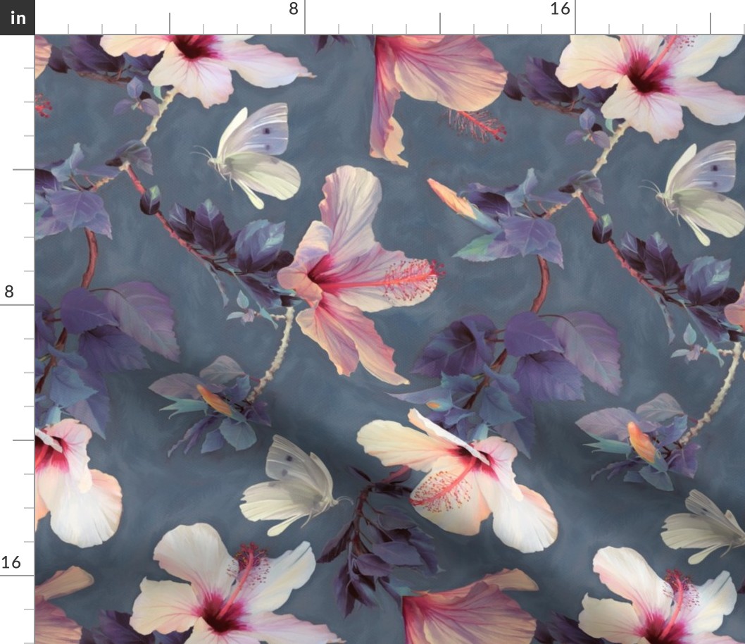 Butterflies and Hibiscus Flowers - a painted pattern - large print