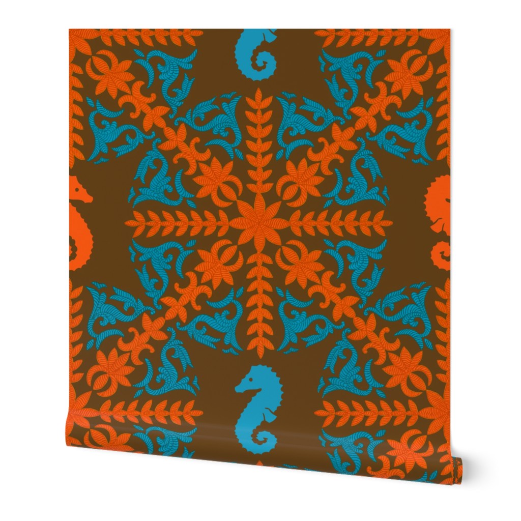 The Coral Sea ~ Seahorse Damask ~ Coral and Caledonian Blue on Sidonie 