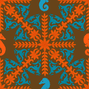 The Coral Sea ~ Seahorse Damask ~ Coral and Caledonian Blue on Sidonie 