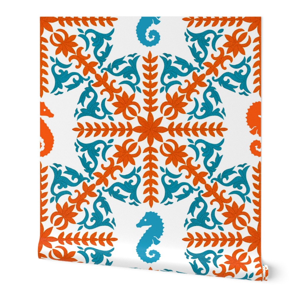 The Coral Sea ~ Seahorse Damask ~ Coral and Caledonian Blue on White