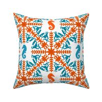 The Coral Sea ~ Seahorse Damask ~ Coral and Caledonian Blue on White