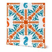 The Coral Sea ~ Seahorse Damask ~ Coral and Caledonian Blue on White