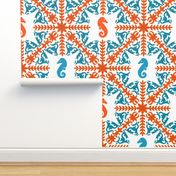 The Coral Sea ~ Seahorse Damask ~ Coral and Caledonian Blue on White