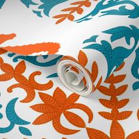 The Coral Sea ~ Seahorse Damask ~ Coral and Caledonian Blue on White