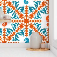 The Coral Sea ~ Seahorse Damask ~ Coral and Caledonian Blue on White