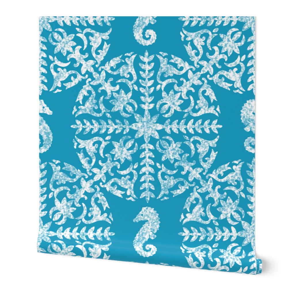 The Coral Sea ~ Seahorse Damask ~ Chalk on Caledonian Blue 