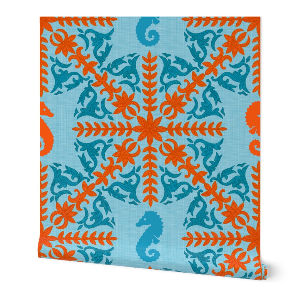 The Coral Sea ~ Seahorse Damask ~ Caledonian Blue Linen Luxe