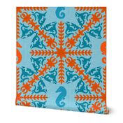 The Coral Sea ~ Seahorse Damask ~ Caledonian Blue Linen Luxe