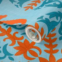 The Coral Sea ~ Seahorse Damask ~ Caledonian Blue Linen Luxe