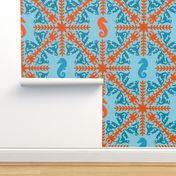 The Coral Sea ~ Seahorse Damask ~ Caledonian Blue Linen Luxe