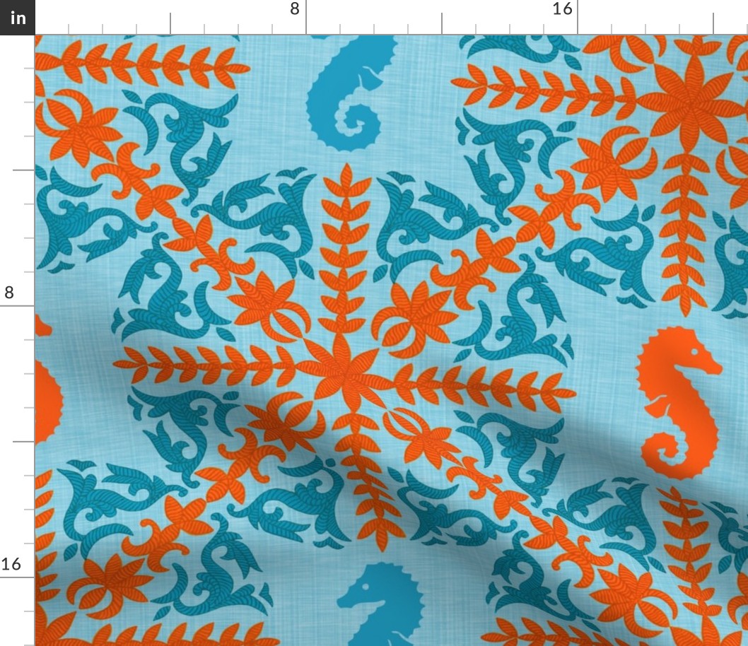 The Coral Sea ~ Seahorse Damask ~ Caledonian Blue Linen Luxe