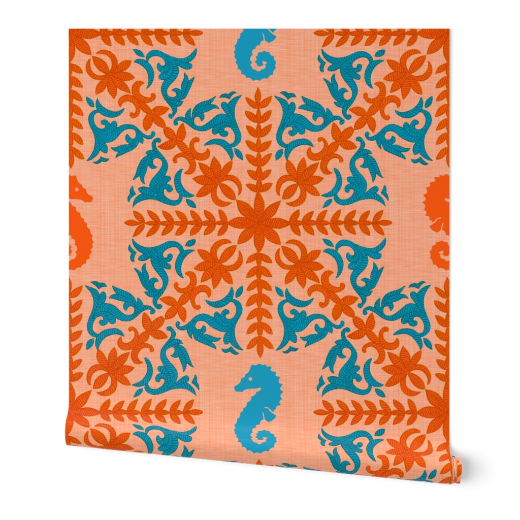 The Coral Sea ~ Seahorse Damask ~ Coral Linen Luxe