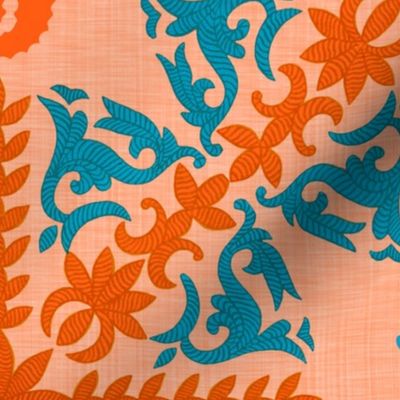 The Coral Sea ~ Seahorse Damask ~ Coral Linen Luxe