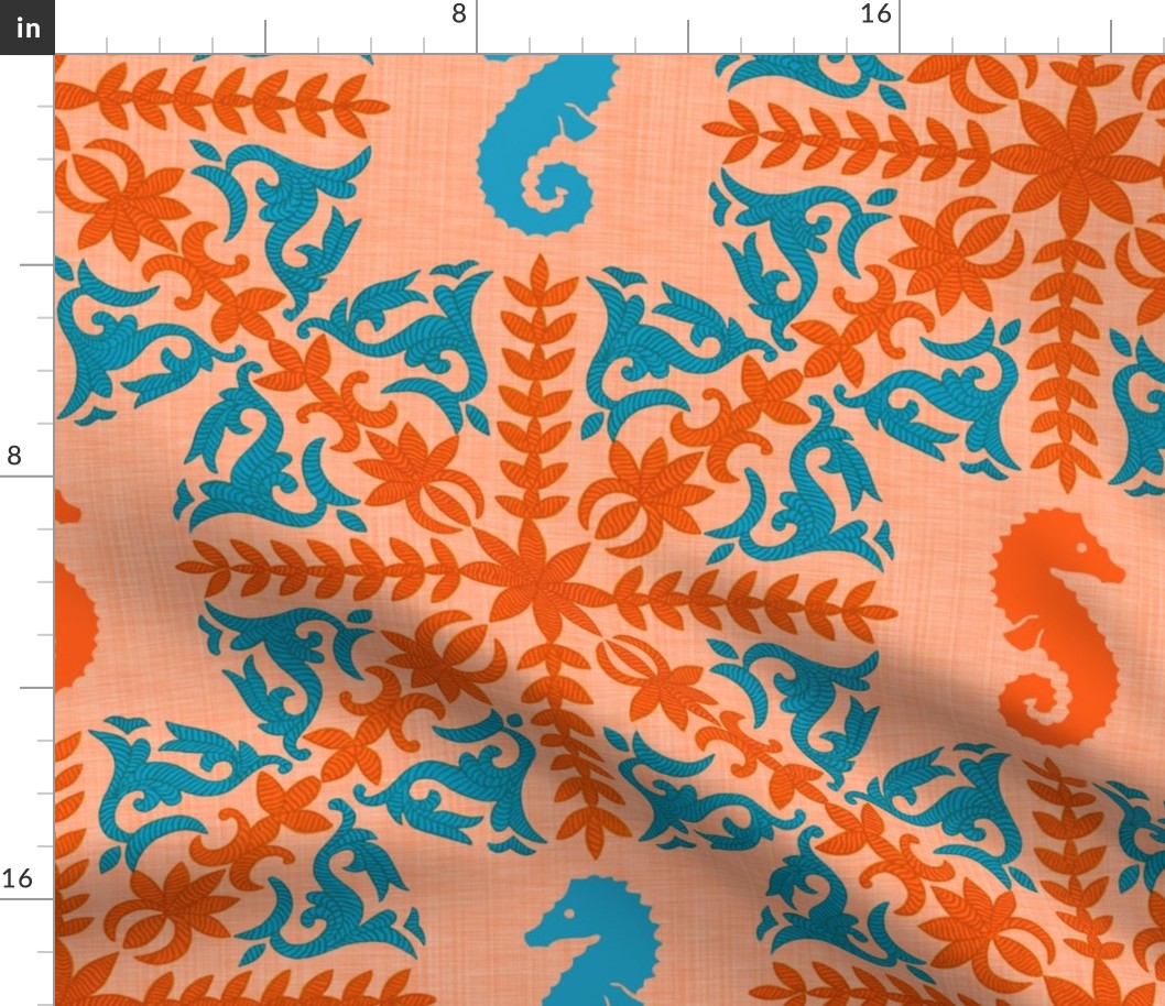 The Coral Sea ~ Seahorse Damask ~ Coral Linen Luxe