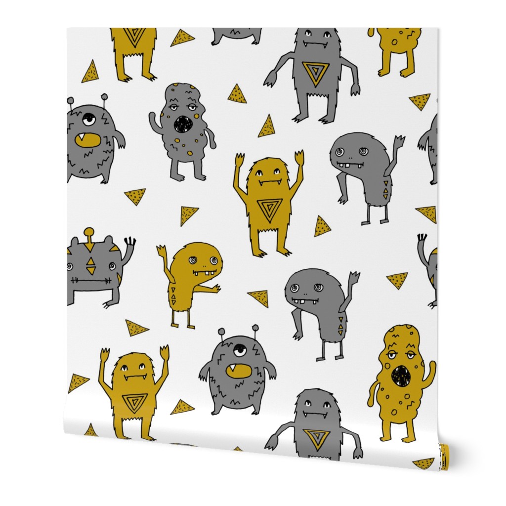 monster // monsters grey and mustard yellow kids boys creepy scary monster boys room fabric