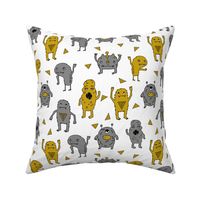 monster // monsters grey and mustard yellow kids boys creepy scary monster boys room fabric