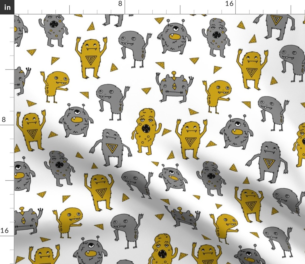 monster // monsters grey and mustard yellow kids boys creepy scary monster boys room fabric