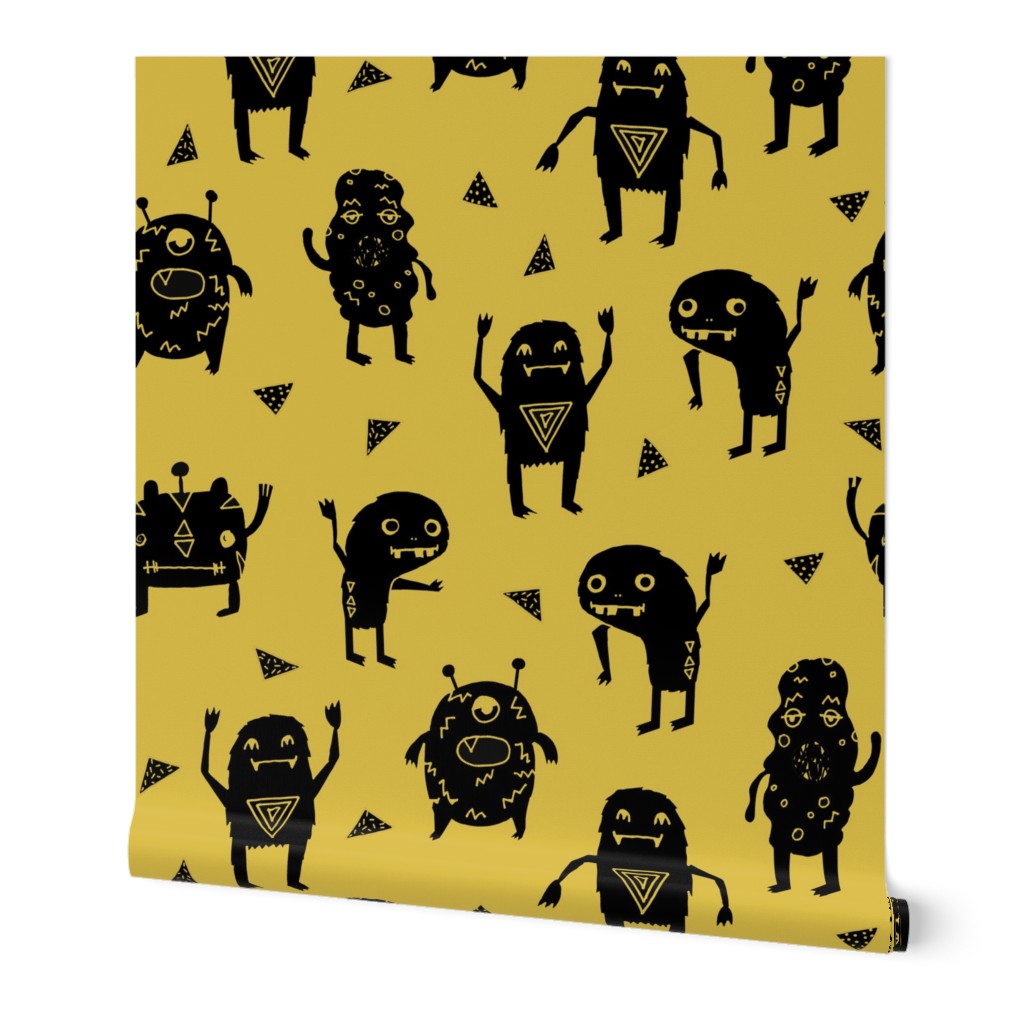 monster // monsters mustard yellow fabric for boys room kids cute triangles scary monster