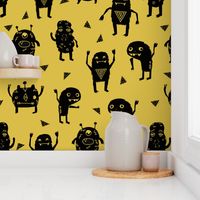monster // monsters mustard yellow fabric for boys room kids cute triangles scary monster