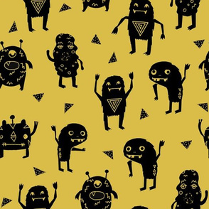 monster // monsters mustard yellow fabric for boys room kids cute triangles scary monster