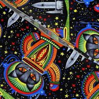 vintage retro kitsch astronauts science fiction futuristic spaceships rockets  space galaxy shuttle pilots earth pop art sci fi cats rainbow colorful