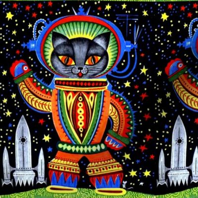 vintage retro kitsch astronauts science fiction futuristic spaceships rockets  space galaxy shuttle pilots earth pop art sci fi cats rainbow colorful