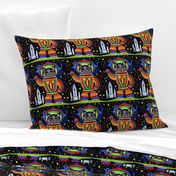 vintage retro kitsch astronauts science fiction futuristic spaceships rockets  space galaxy shuttle pilots earth pop art sci fi cats rainbow colorful