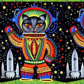 vintage retro kitsch astronauts science fiction futuristic spaceships rockets  space galaxy shuttle pilots earth pop art sci fi cats rainbow colorful