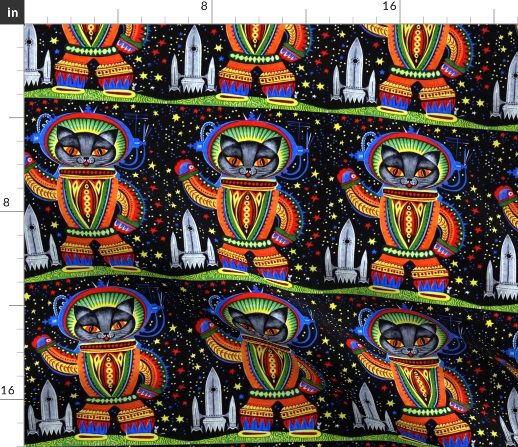 vintage retro kitsch astronauts science fiction futuristic spaceships rockets  space galaxy shuttle pilots earth pop art sci fi cats rainbow colorful