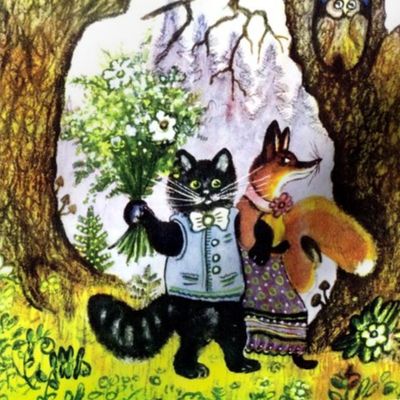 vintage retro kitsch forest trees woods pines cones coniferous owls flowers mushrooms black cats pussy fox bouquet couple folk stories folklore