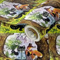 vintage retro kitsch forest trees woods pines cones coniferous owls flowers mushrooms black cats pussy fox bouquet couple folk stories folklore