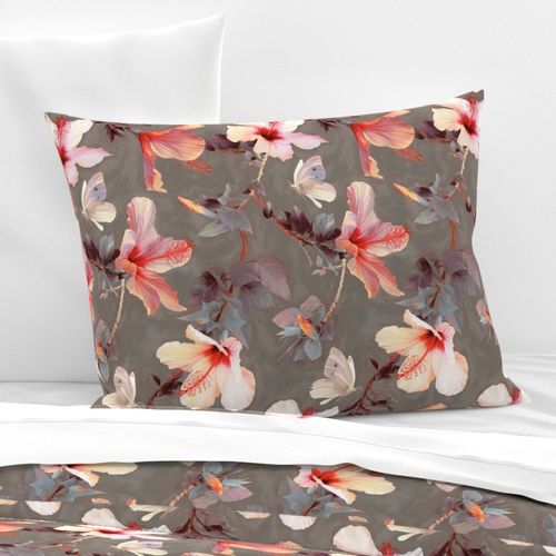 Butterflies and Hibiscus Flowers - warm coral & grey