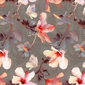 Butterflies and Hibiscus Flowers - warm coral & grey