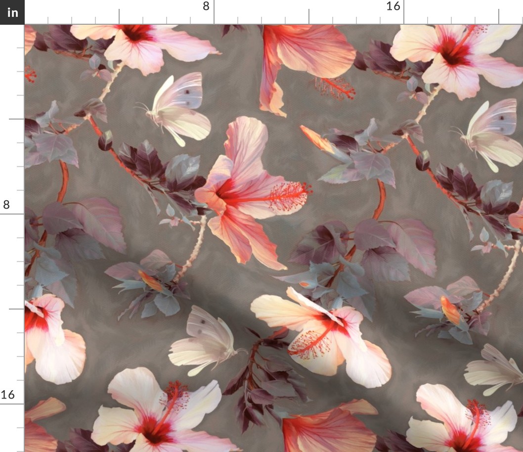Butterflies and Hibiscus Flowers - warm coral & grey