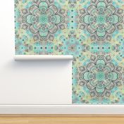 Watercolor Folk Art in yellow, turquoise, mint & charcoal grey