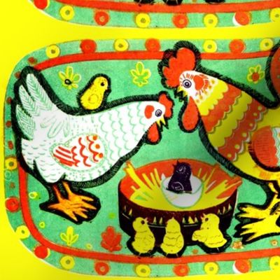 vintage retro kitsch chickens chicks roosters hens family parents children father mother nest eggs folk art hatch coops farms