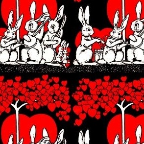 vintage retro kitsch hearts white rabbits bunny bunnies valentine trees grass musician band perform drums flute guitar whimsical 