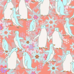 Penguin Play on Rosy Snowflake Pattern Background