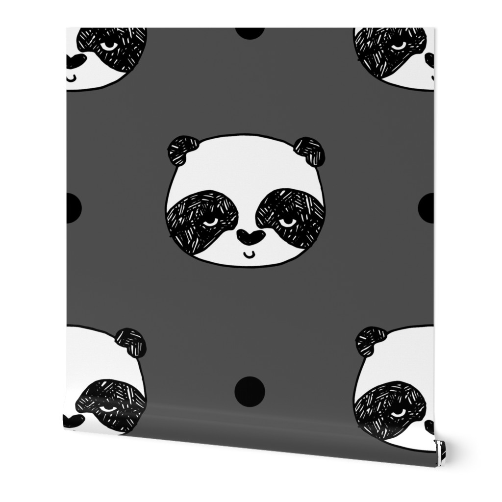 pandas // charcoal grey panda fabric kawaii panda head cute scandi panda fabric illustration