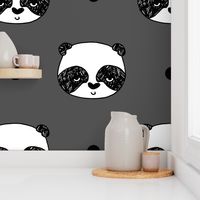 pandas // charcoal grey panda fabric kawaii panda head cute scandi panda fabric illustration