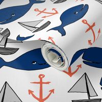 nautical whales // navy blue and orange kids fabric cute whales anchors sailboats andrea lauren fabric andrea lauren design 