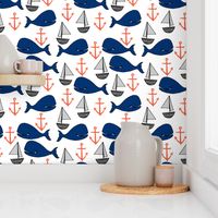 nautical whales // navy blue and orange kids fabric cute whales anchors sailboats andrea lauren fabric andrea lauren design 