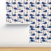 nautical whales // navy blue and orange kids fabric cute whales anchors sailboats andrea lauren fabric andrea lauren design 